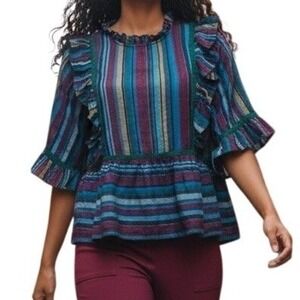 🆕 ANTHROPOLOGIE DRA LA Tabi Laurel Striped Ruffle Peplum Hem Blouse‎ NWOT M